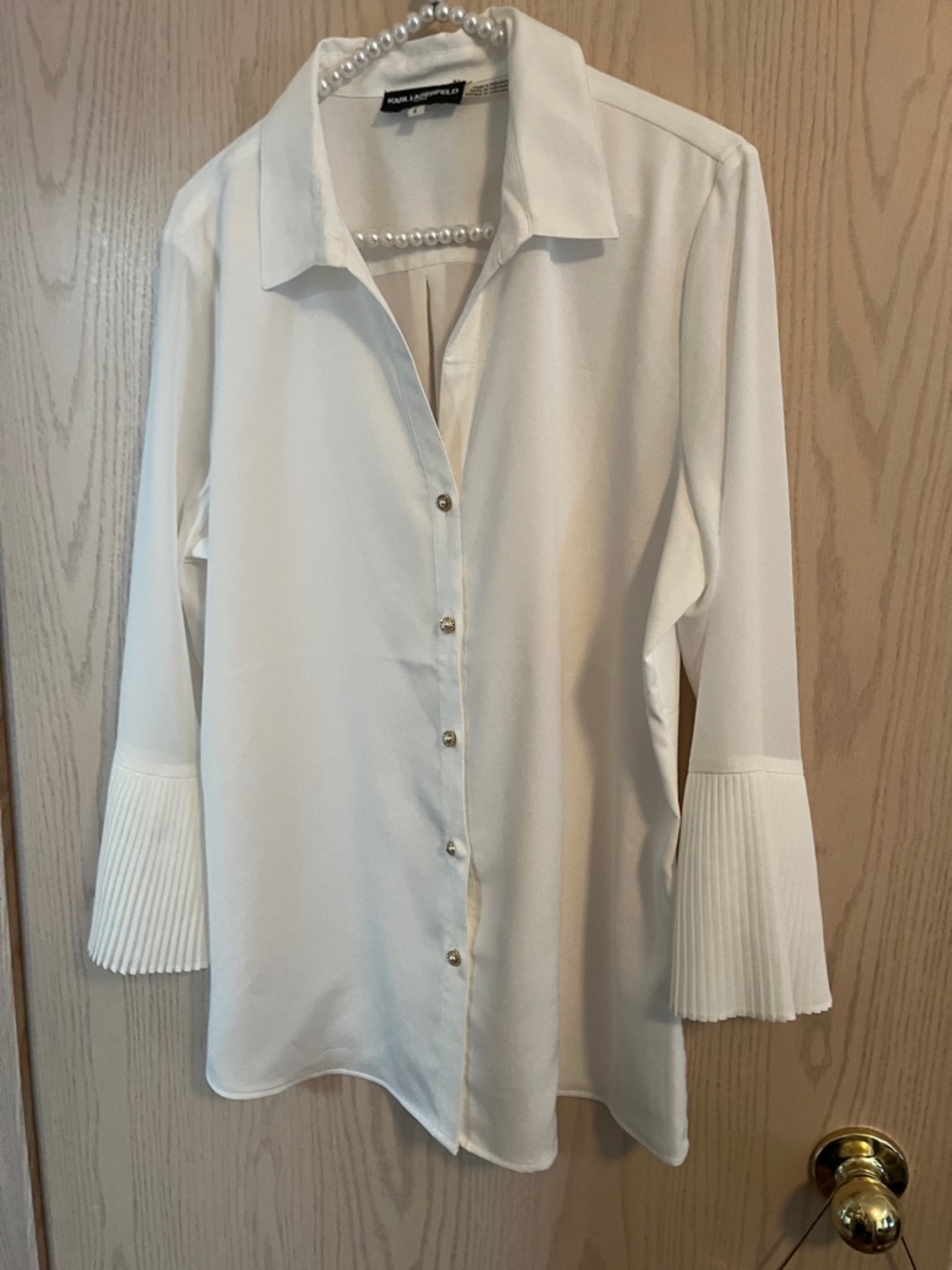 Karl Lagerfeld White Button-Front Blouse with Pleated Bell Cuffs